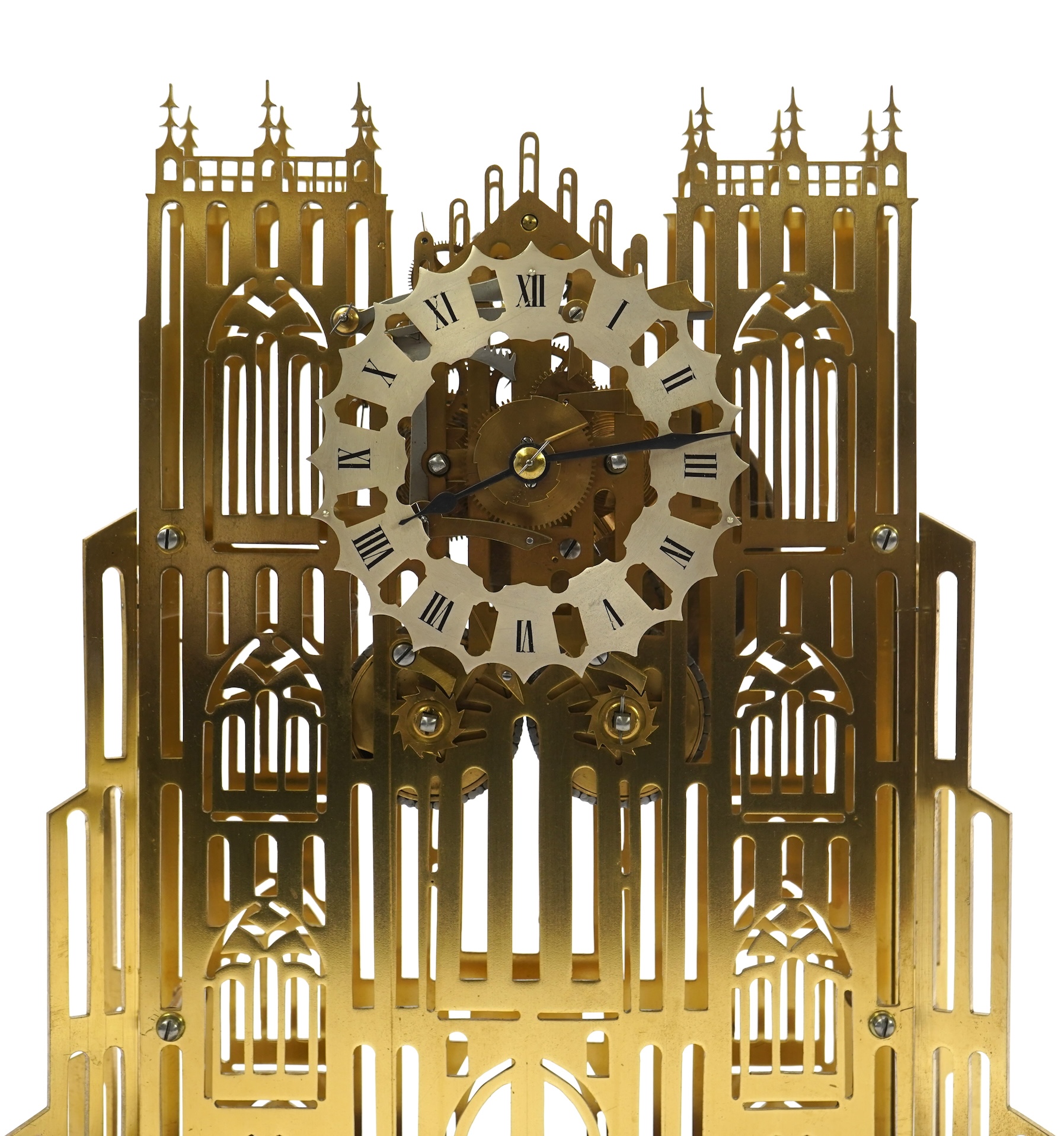 A mid 20th century brass skeleton ‘Cathedral’ clock
